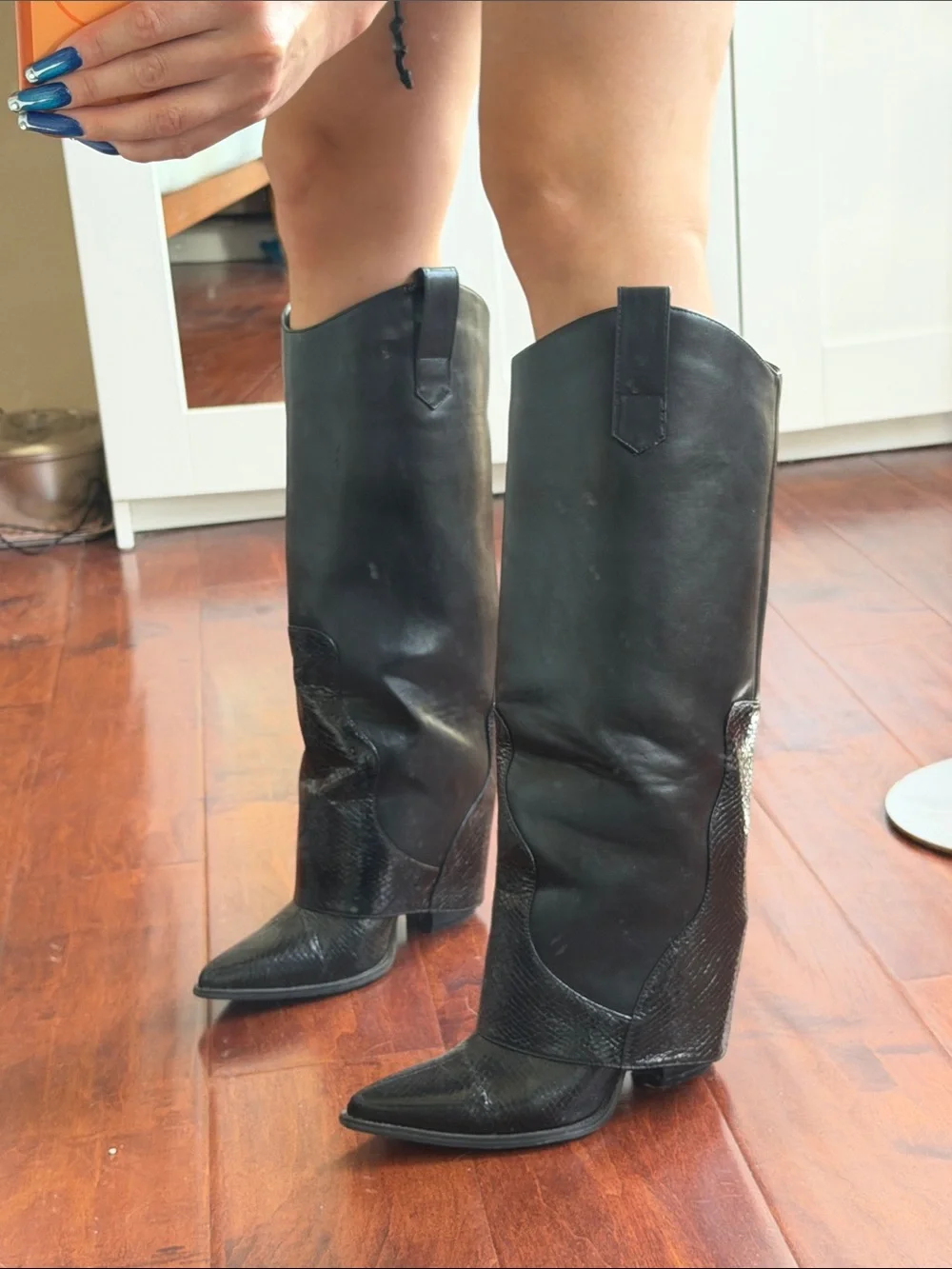 Classic Black Faux Leather Western Knee-High Boots